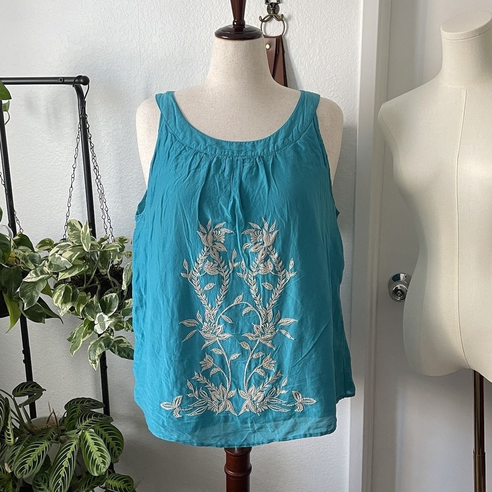 Style & Co Turquoise Silk Blend Embroidered Tank Top Women's Plus Size 18 Artsy
